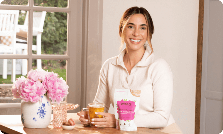 Smiling Woman Drinking Waka Green Instant Tea