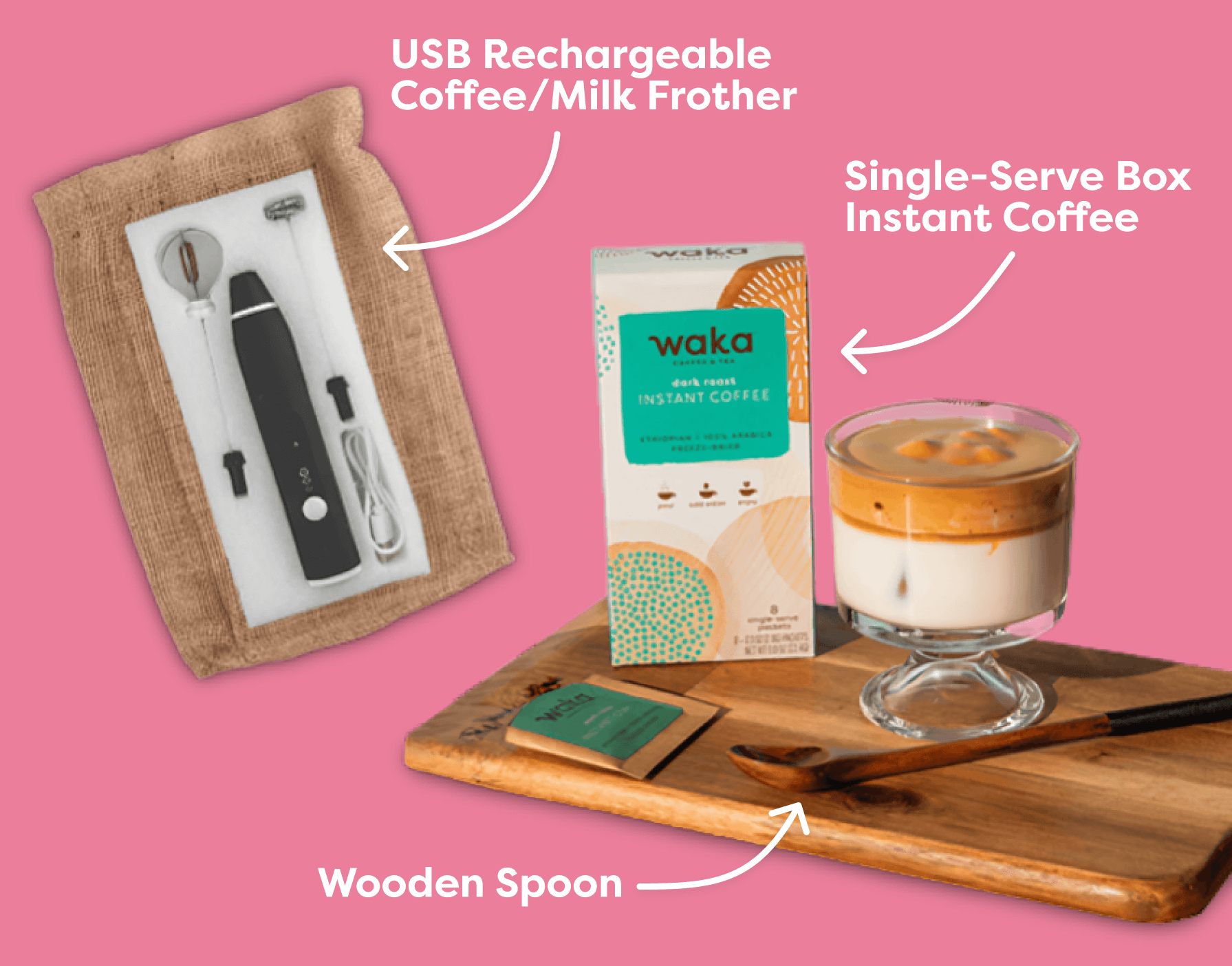 Single-Serve Box Instant Coffee, USB Rechargeable Coffee/Milk Frother, Wooden Spoon