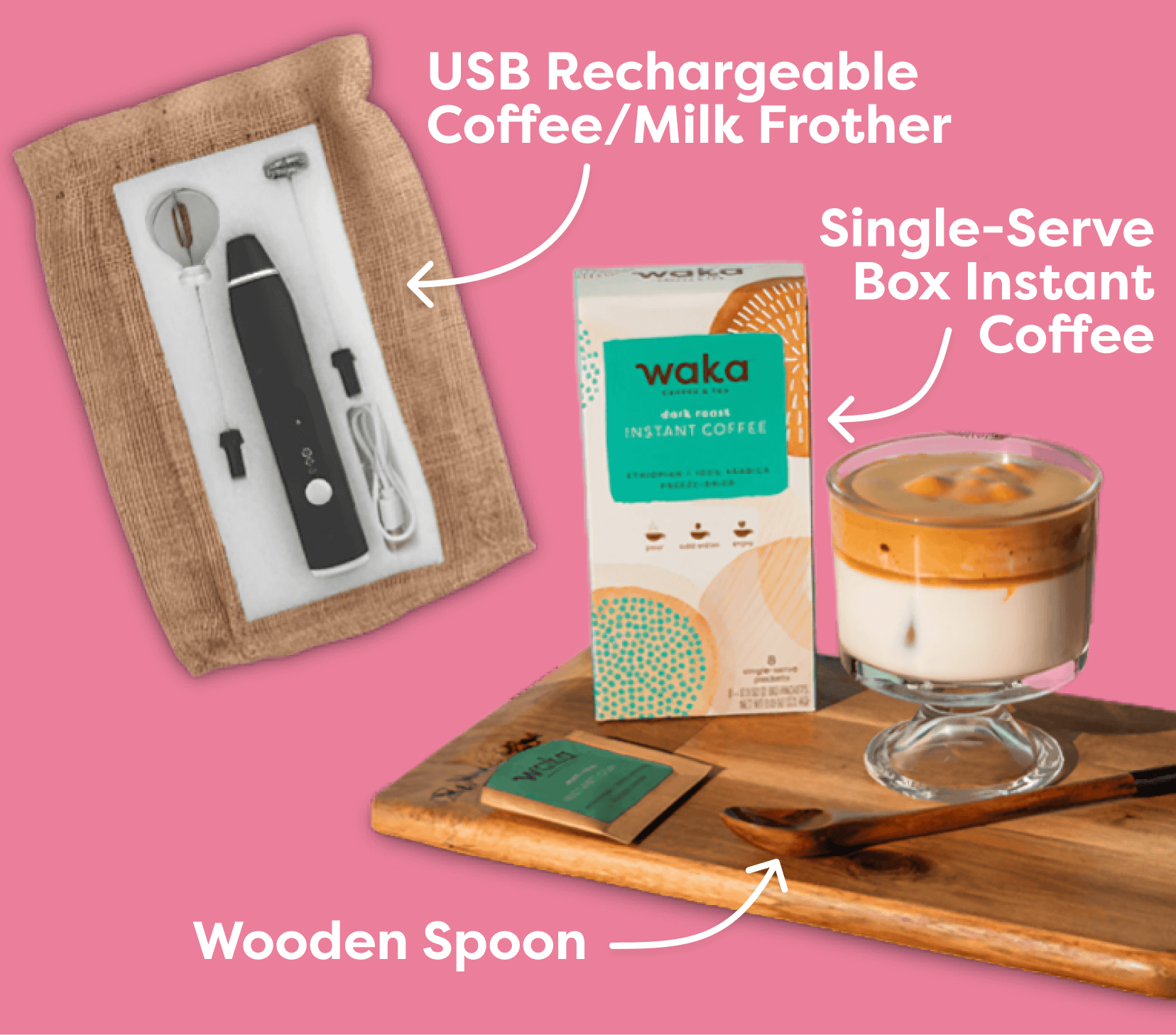 Single-Serve Box Instant Coffee, USB Rechargeable Coffee/Milk Frother, Wooden Spoon