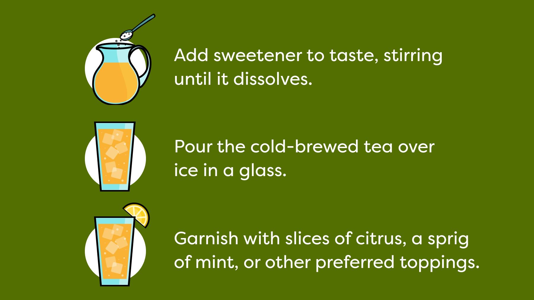 Add sweetener to taste, stirring until it dissolves. Pour the tea over ice in a glass. Garnish with slices of citrus, a sprig of mint, or other preferred toppings.