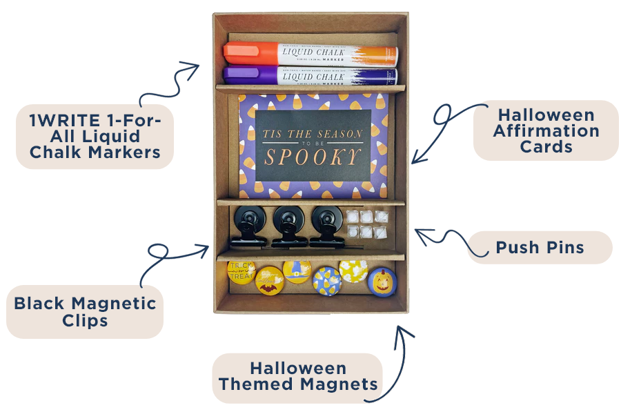 Halloween Toolkit | 1WRITE 1-For-All Liquid Chalk Markers | Black Magnetic Clips | Halloween Affirmation Cards | Push Pins | Halloween Themed Magnets